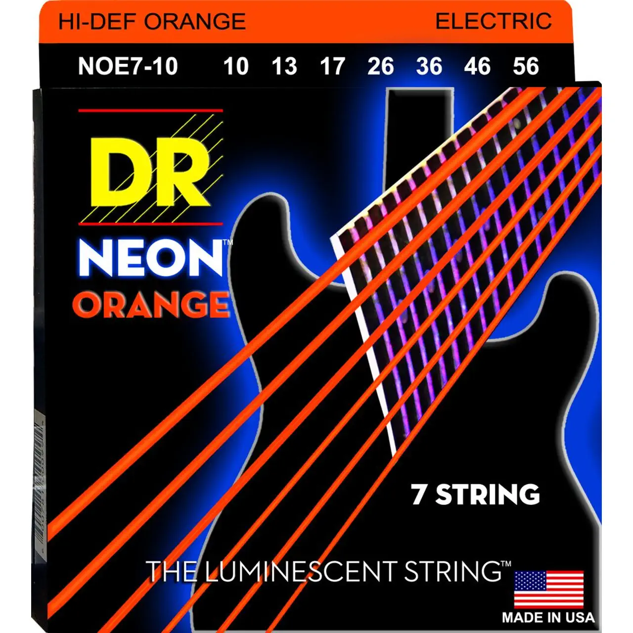 DR-HI-DEF-NEON™-ORANGE-7-String-Medium-10-56-zice-za-elektricnu-gitaru DR STRINGS DR HI-DEF 10-56 NEON ORANGE Colored Žice za 7-žičanu električnu gitaru - Image 1